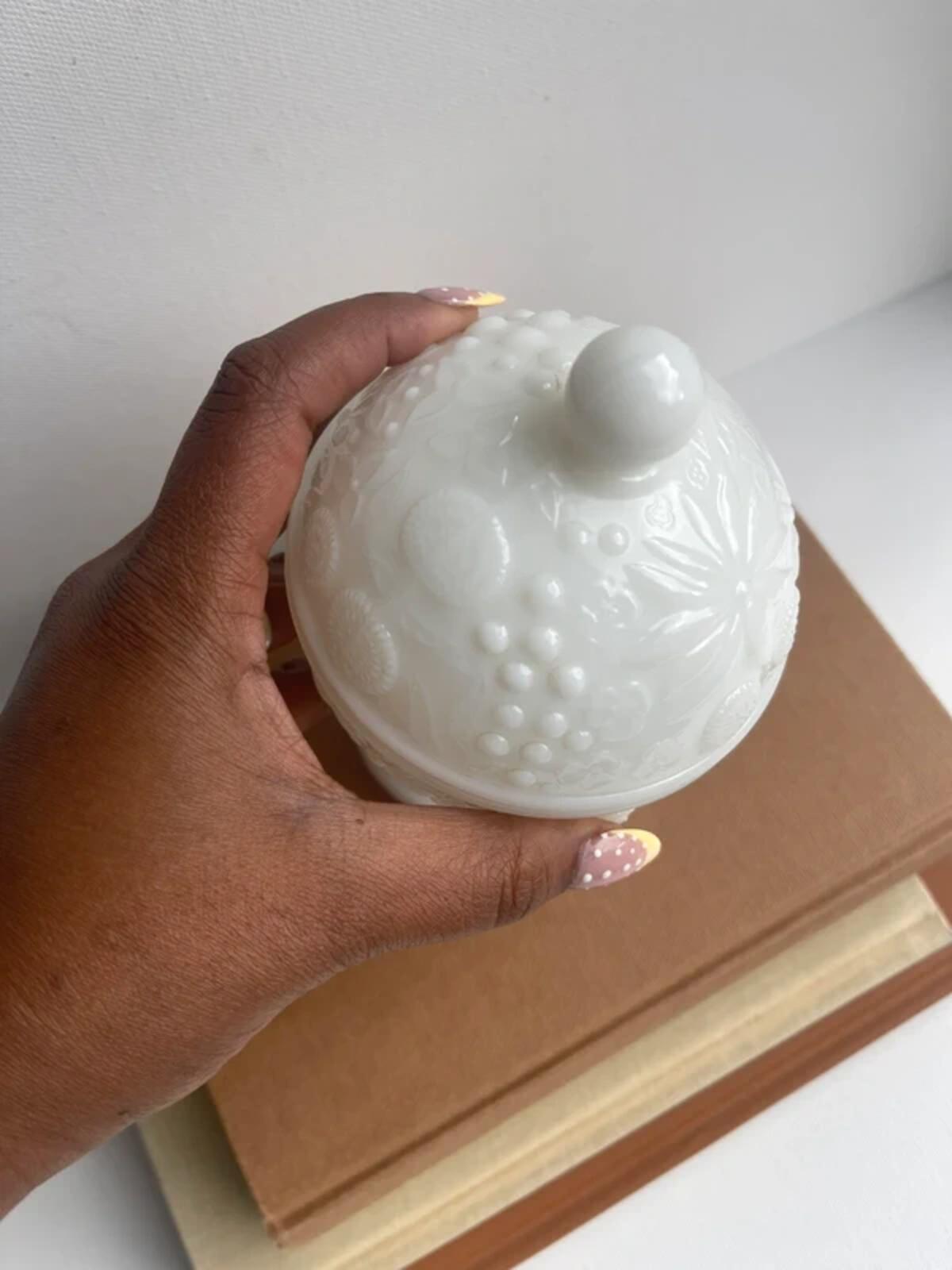 Vintage Avon Milk Glass Trinket Holder, Lidded Embossed Floral jar, White Glass Candy jar