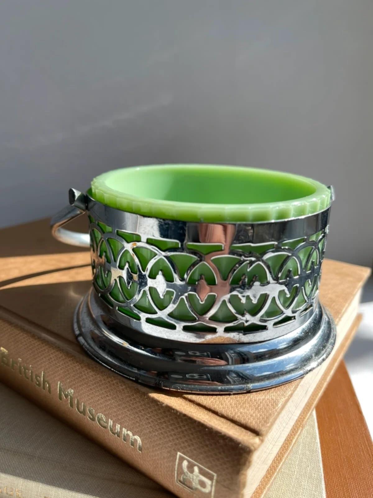 Vintage mint green Milk Glass Preserve Pot: Lucite Flower Lid, 1950s