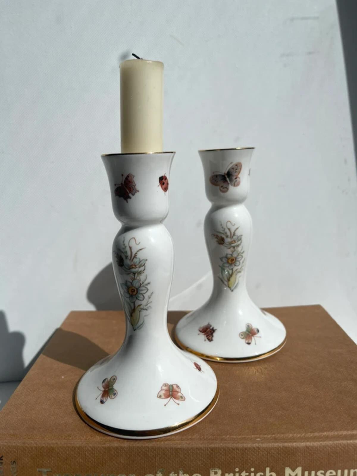 John Jenkins Fine Bone China Candle Holders - Floral Butterfly Design Gold Trim