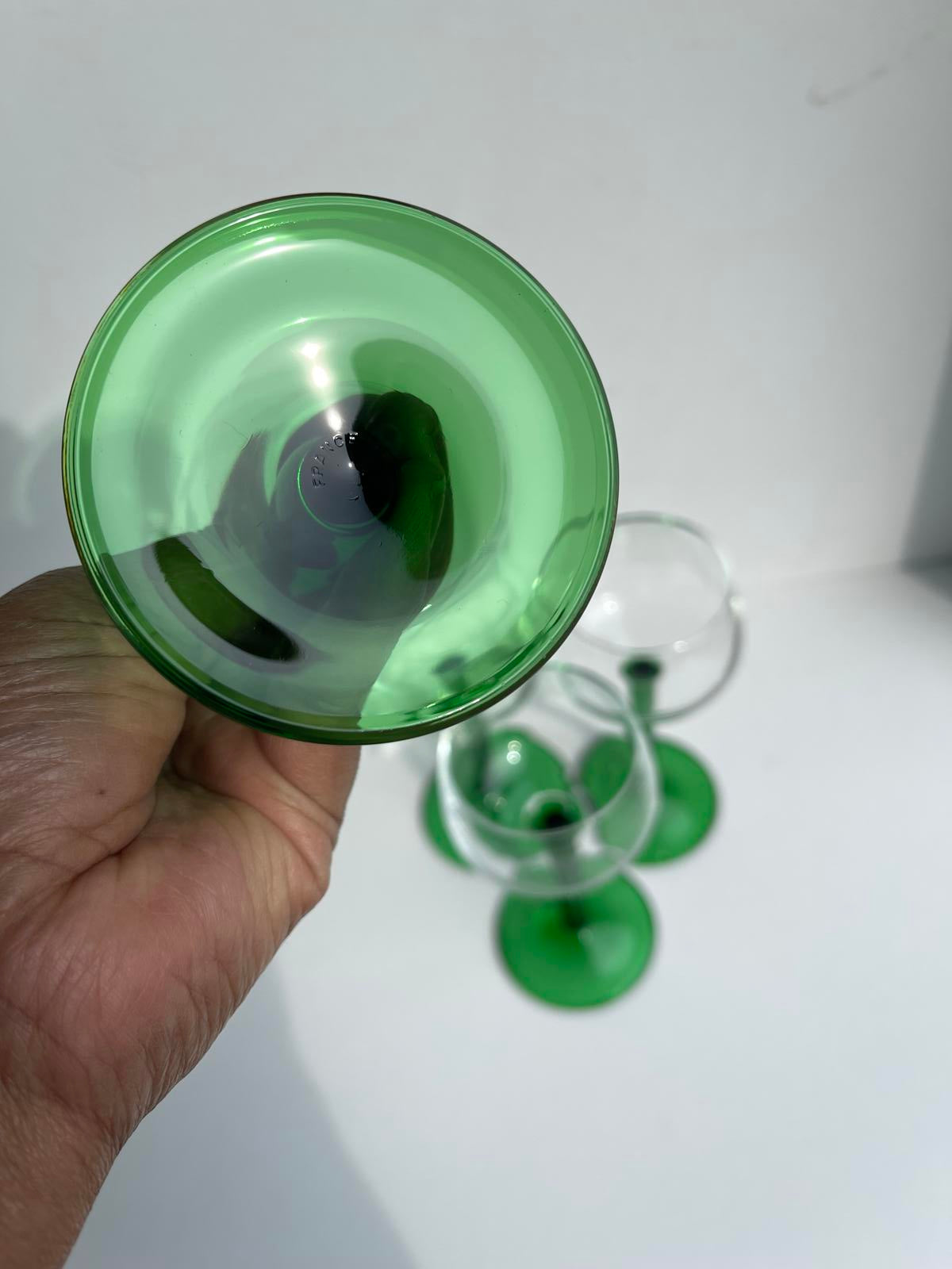 4 Vintage Luminarc emerald green stemmed hock glasses 1970s retro glassware
