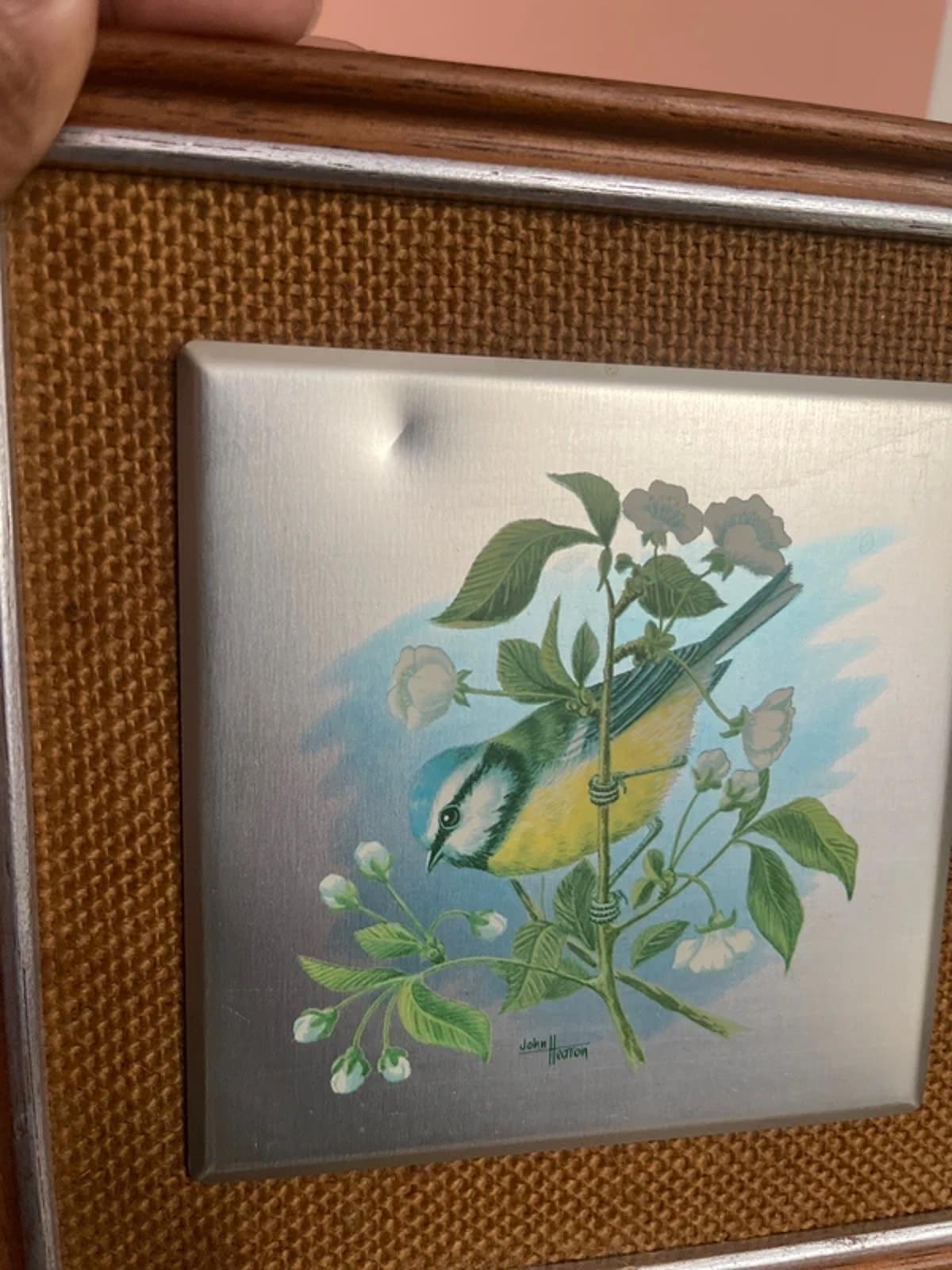 Handpainted vintage aluminium tile of bluetit bird in a frame.