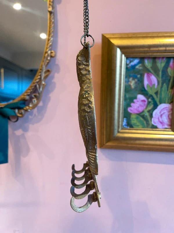 Vintage Brass Owl Key Holder Wall Hooks 5 Hook Rack Hanging Chain