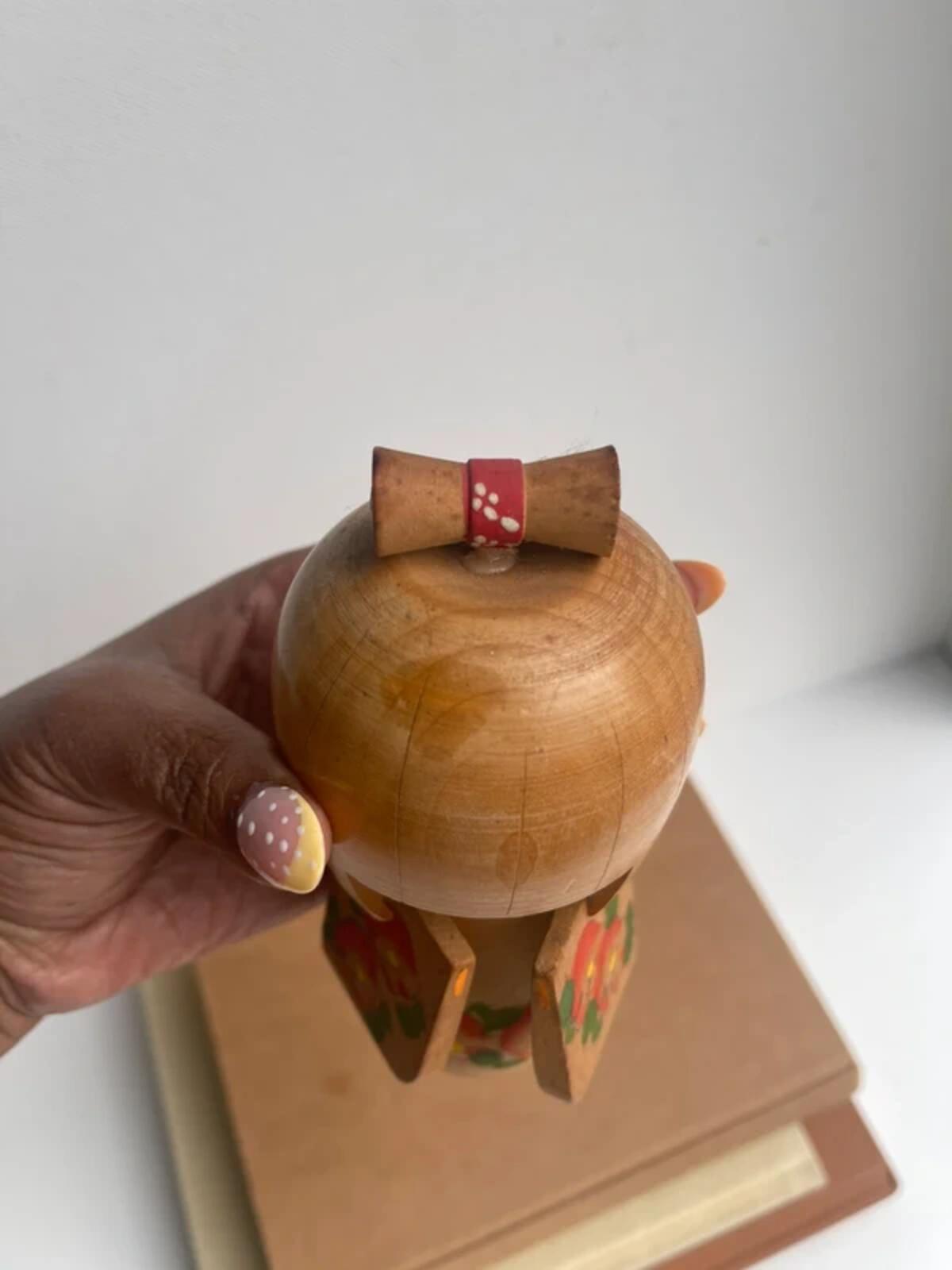 Vintage Japanese Kokeshi Doll Wooden Hand Painted Peach Kimono Red Bow
