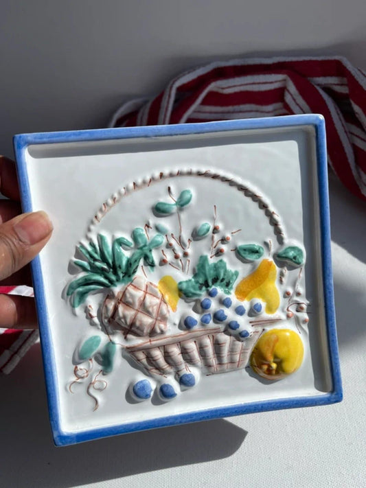Vintage Italian hand painted clay tile of a fruit basket kitchen decor