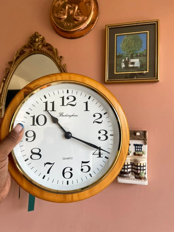 Vintage Buckingham wall clock mounted on a solid pine plaque with gold-tone clock face, traditional rustic wall clock, farmhouse home decor, vintage gallery wall accent, country cottage interior styling and timeless decorative timepiece.