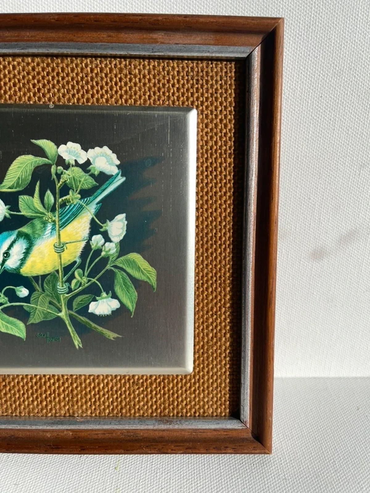Handpainted vintage aluminium tile of bluetit bird in a frame.