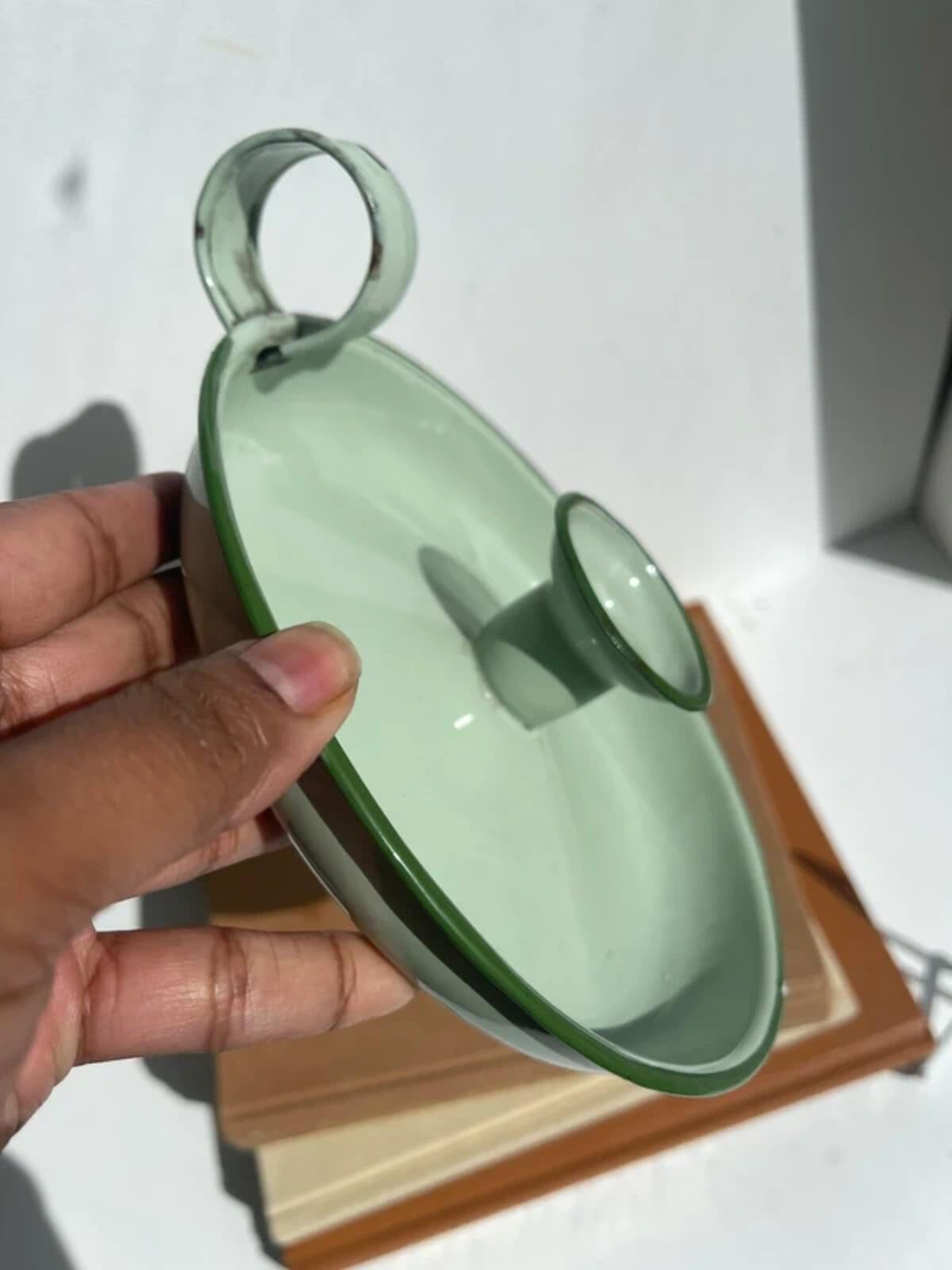 Vintage French green enamel candleholder chamberstick candle stick holder