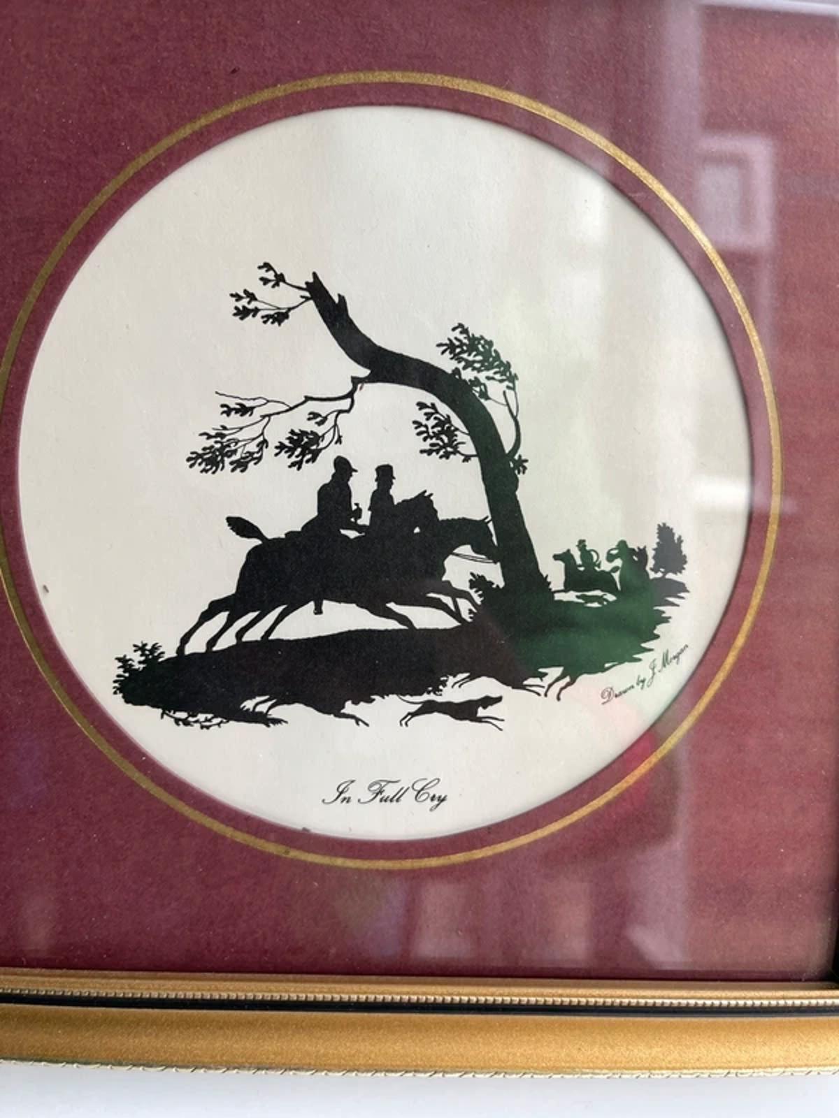 Vintage framed silhouette print drawn by J Morgan titled “In Full Cry”