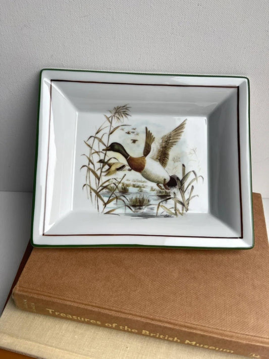 Vintage French porcelain trinket dish with mallard duck design, rectangular decorative catchall dish, bird-themed jewellery tray, collectible French home decor, cottagecore vanity accessory and vintage ashtray.