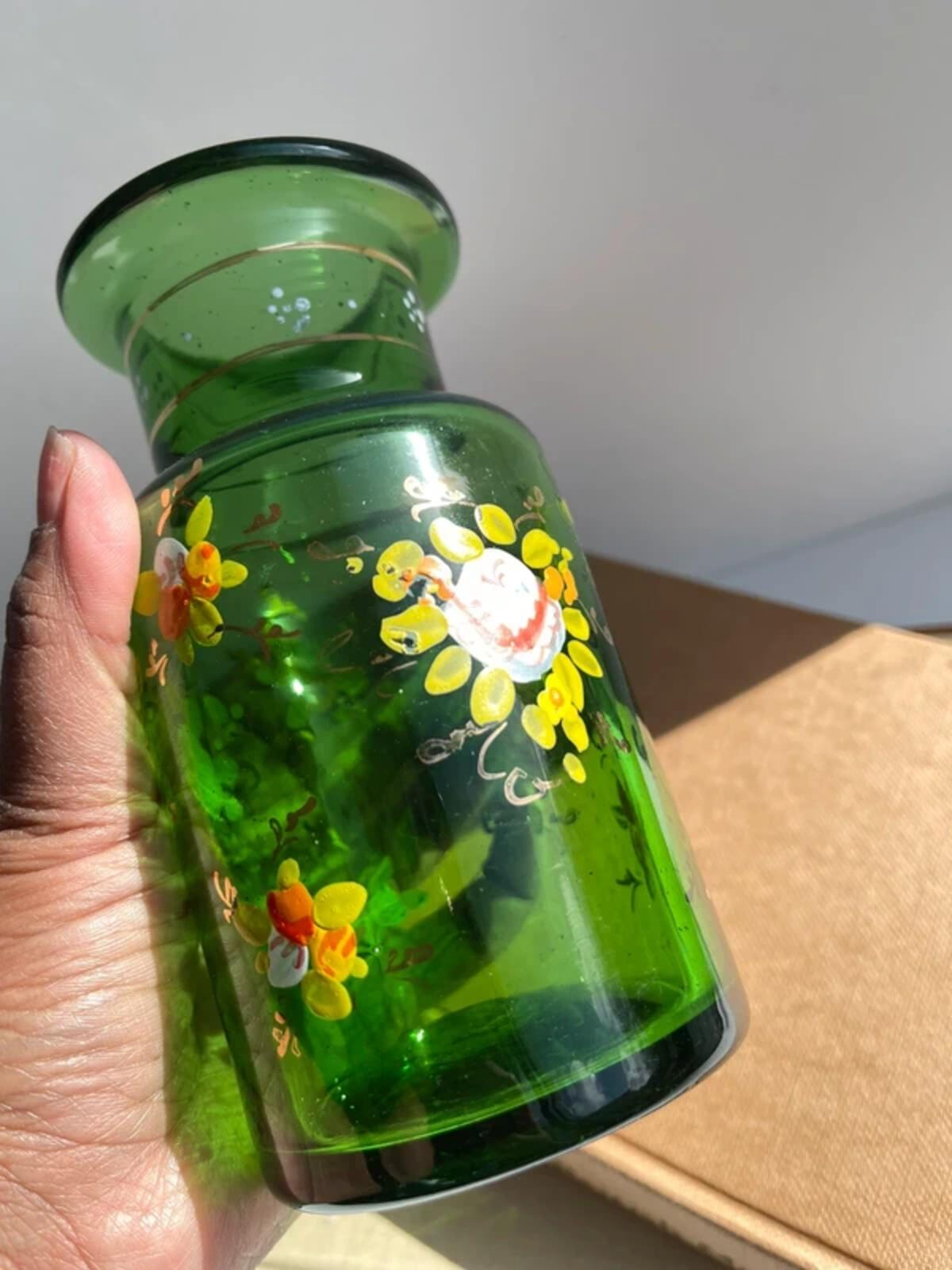 Vintage hand blown green glass hand painted florals