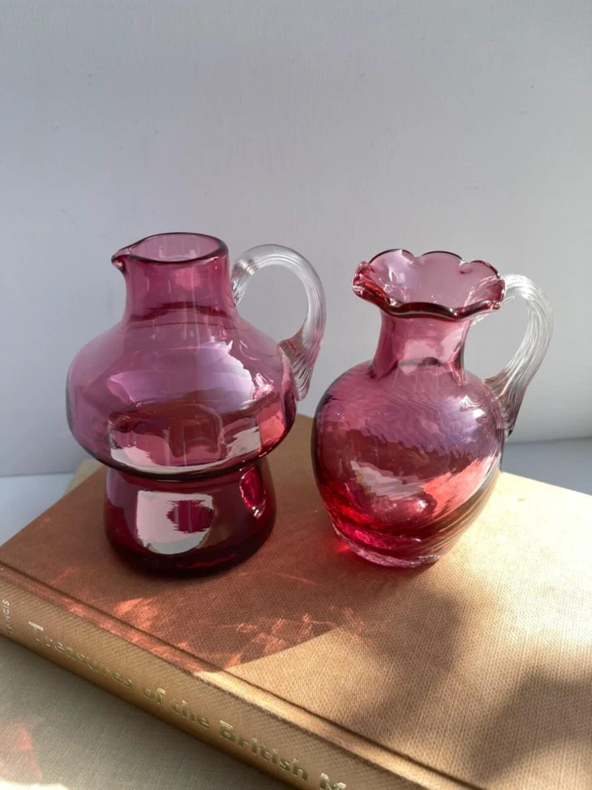 2 Vintage small hand blown cranberry glass jugs bud vases