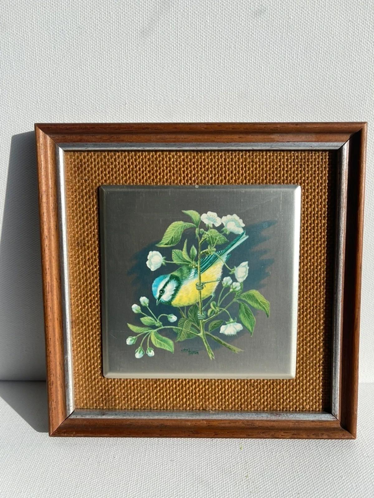 Handpainted vintage aluminium tile of bluetit bird in a frame.