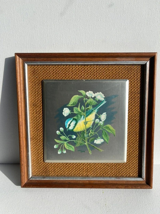 Handpainted vintage aluminium tile of bluetit bird in a frame.