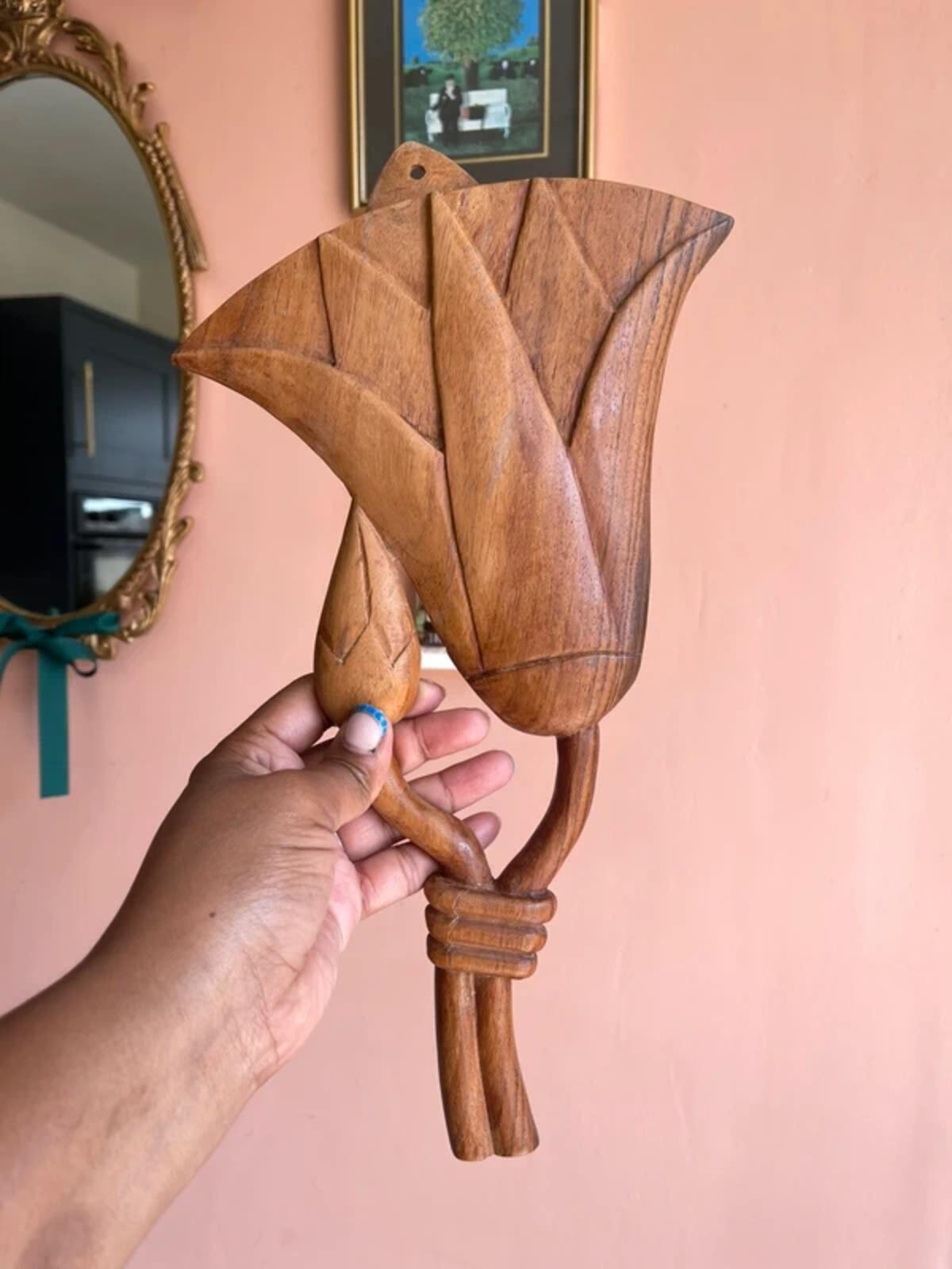 Vintage mid century modern carved floral wall piece