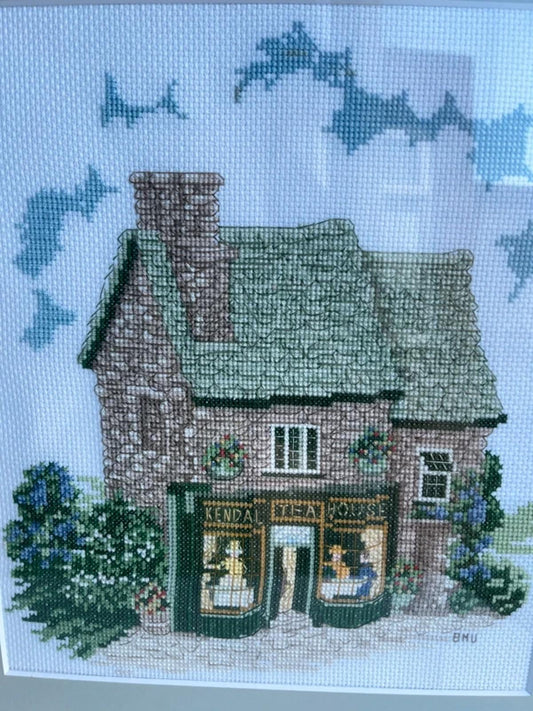 Vintage framed country core cross stitch embroidery of country house
