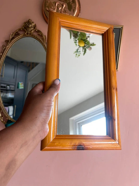 Vintage rectangular wooden wall mirror with Mid Century Modern frame, ready to hang MCM accent mirror, retro home decor for entryway, bedroom, hallway or living room, minimalist vintage interior styling.