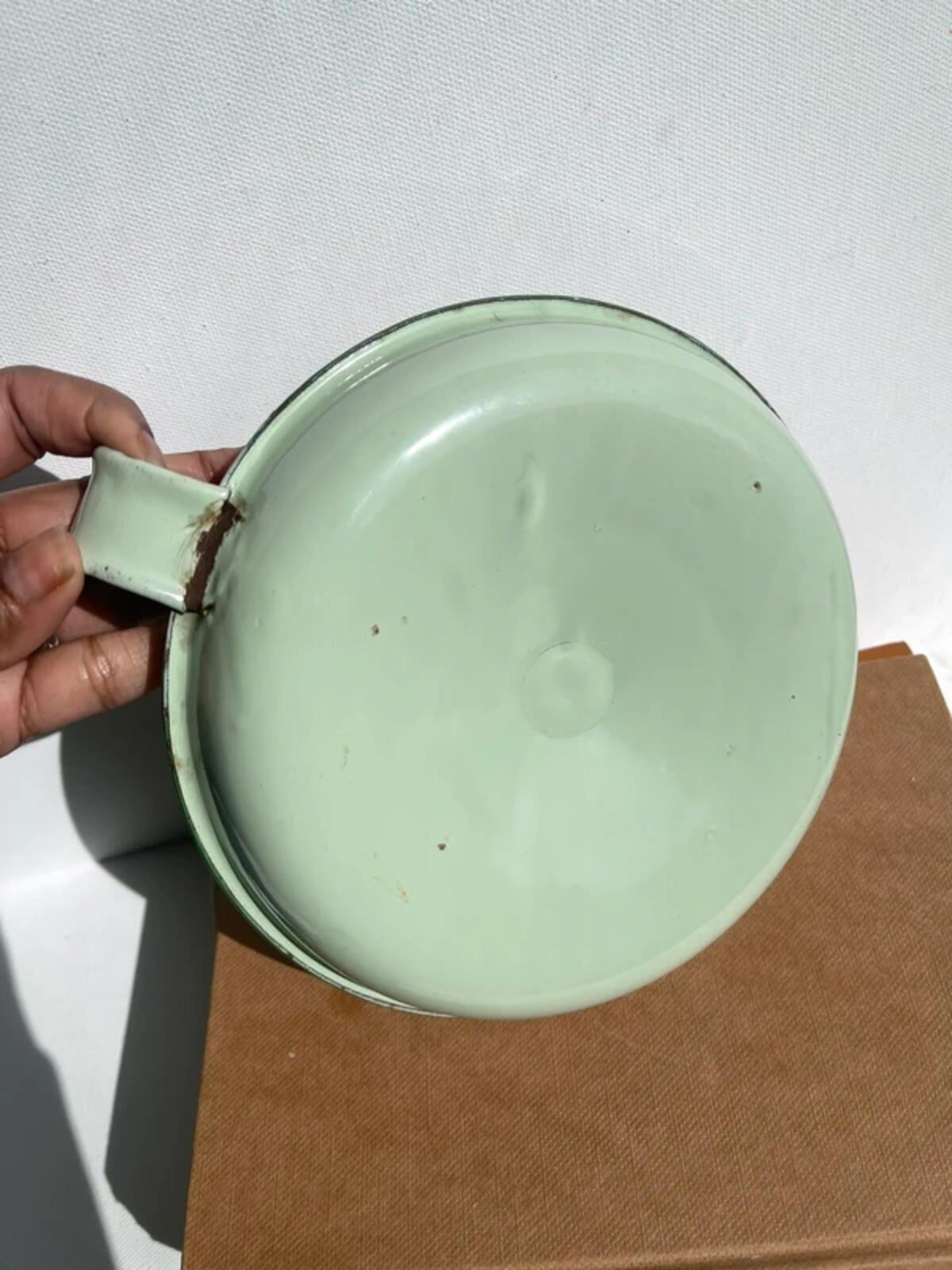Vintage French green enamel candleholder chamberstick candle stick holder
