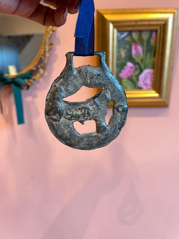 Rare antique Bull in Meadow horse brass harness medallion with leather ribbon, traditional English brass equestrian tack, collectible horse harness decoration, rustic farmhouse wall decor and vintage country home styling.