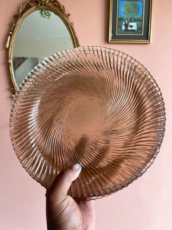Vintage Pasabahce Pink Glass Dinner Plate 9.5” Shell Swirl Pattern Plates