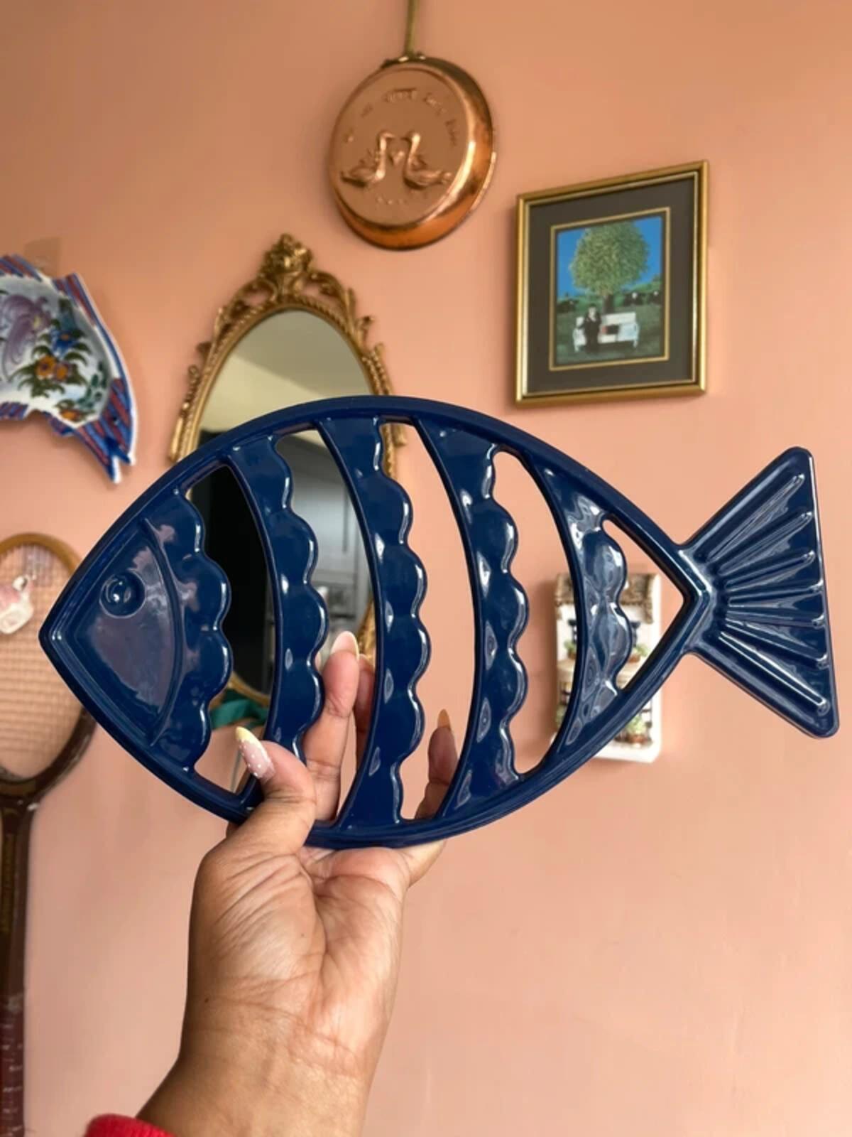 Vintage large fish trivet pot stand dark blue navy trivet kitchenware