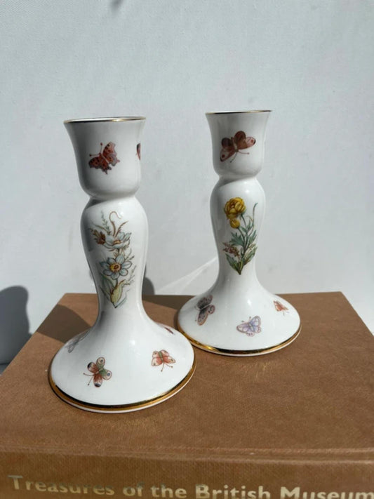 John Jenkins Fine Bone China Candle Holders - Floral Butterfly Design Gold Trim