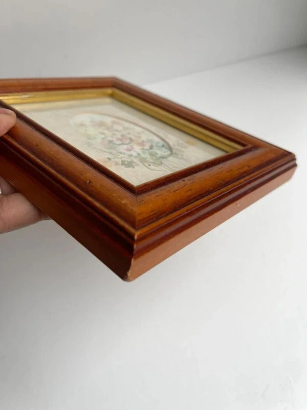 Vintage miniature oval framed floral watercolour print in wooden frame, botanical wall art, cottagecore home decor, traditional gallery wall accent, rustic farmhouse styling and charming vintage floral display.