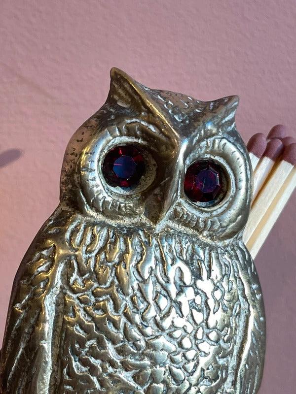 Antique Victorian solid brass owl vesta match holder with glass eyes, collectible English match safe, novelty tobacco accessory, decorative desk ornament, rare brass owl home decor and unique gift for collectors.