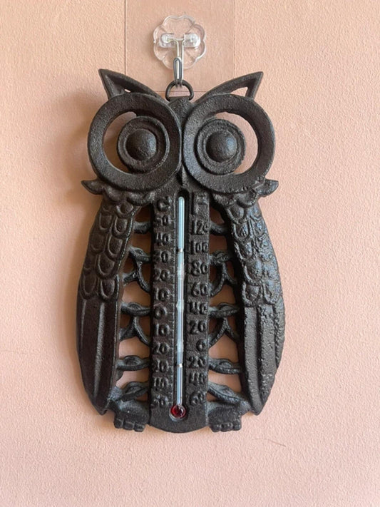 Vintage cast iron owl thermometer cottagecore nature decor