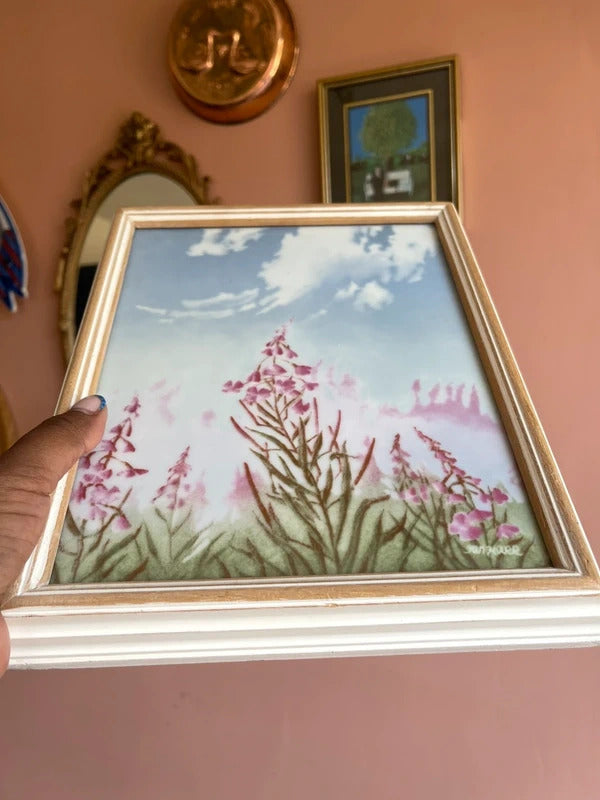 Vintage Porsgrund porcelain art tile by Jan Harr with floral design, Norwegian ceramic wall plaque, Scandinavian home decor, framed botanical artwork, Mid Century Modern wall art and collectible Nordic pottery.
