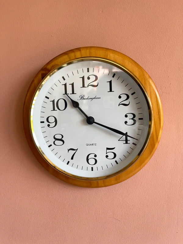 Vintage Buckingham wall clock mounted on a solid pine plaque with gold-tone clock face, traditional rustic wall clock, farmhouse home decor, vintage gallery wall accent, country cottage interior styling and timeless decorative timepiece.