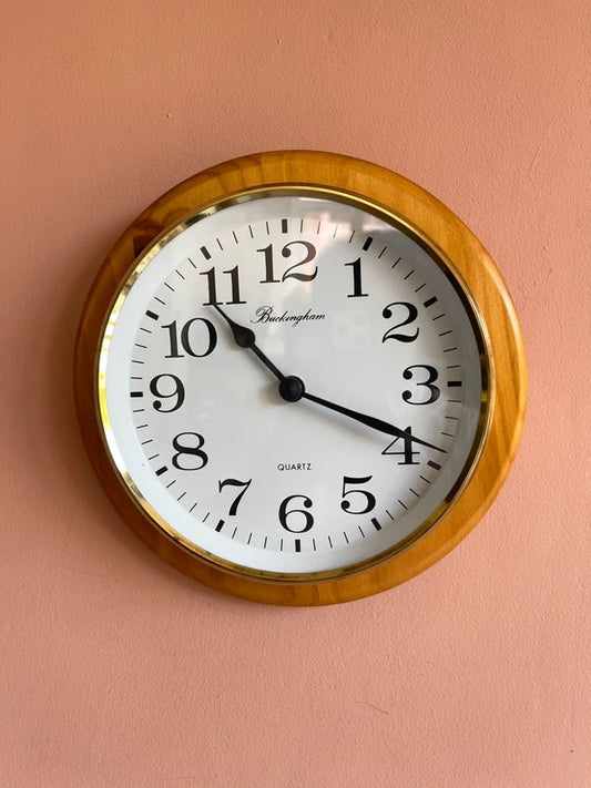 Vintage Buckingham wall clock mounted on a solid pine plaque with gold-tone clock face, traditional rustic wall clock, farmhouse home decor, vintage gallery wall accent, country cottage interior styling and timeless decorative timepiece.