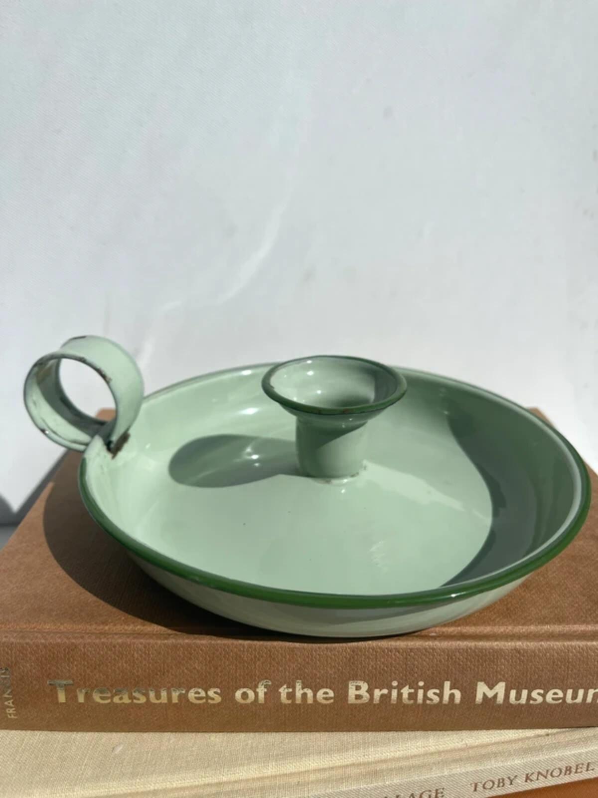 Vintage French green enamel candleholder chamberstick candle stick holder