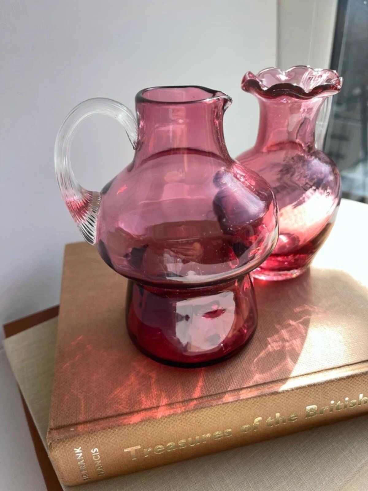 2 Vintage small hand blown cranberry glass jugs bud vases