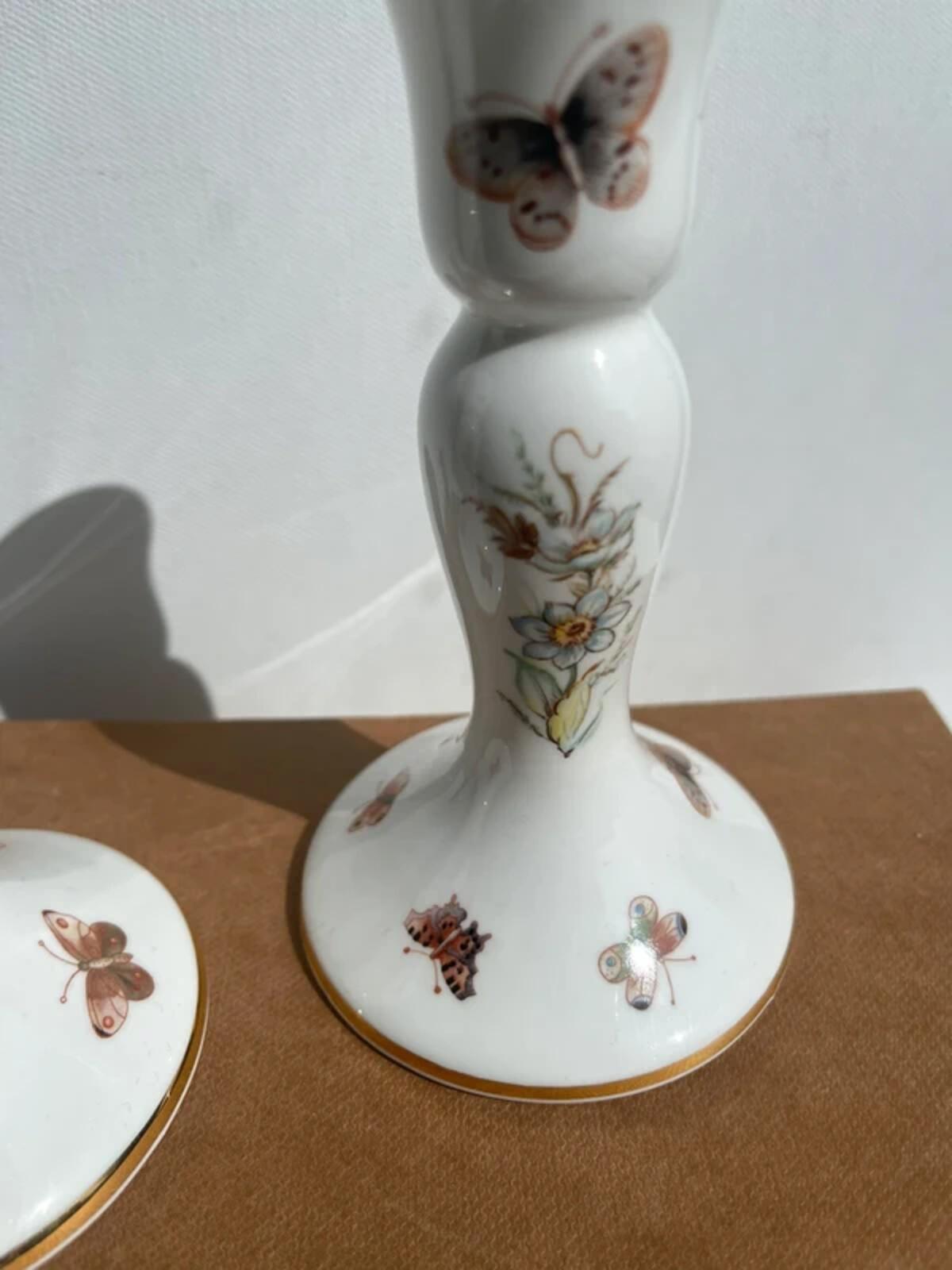 John Jenkins Fine Bone China Candle Holders - Floral Butterfly Design Gold Trim
