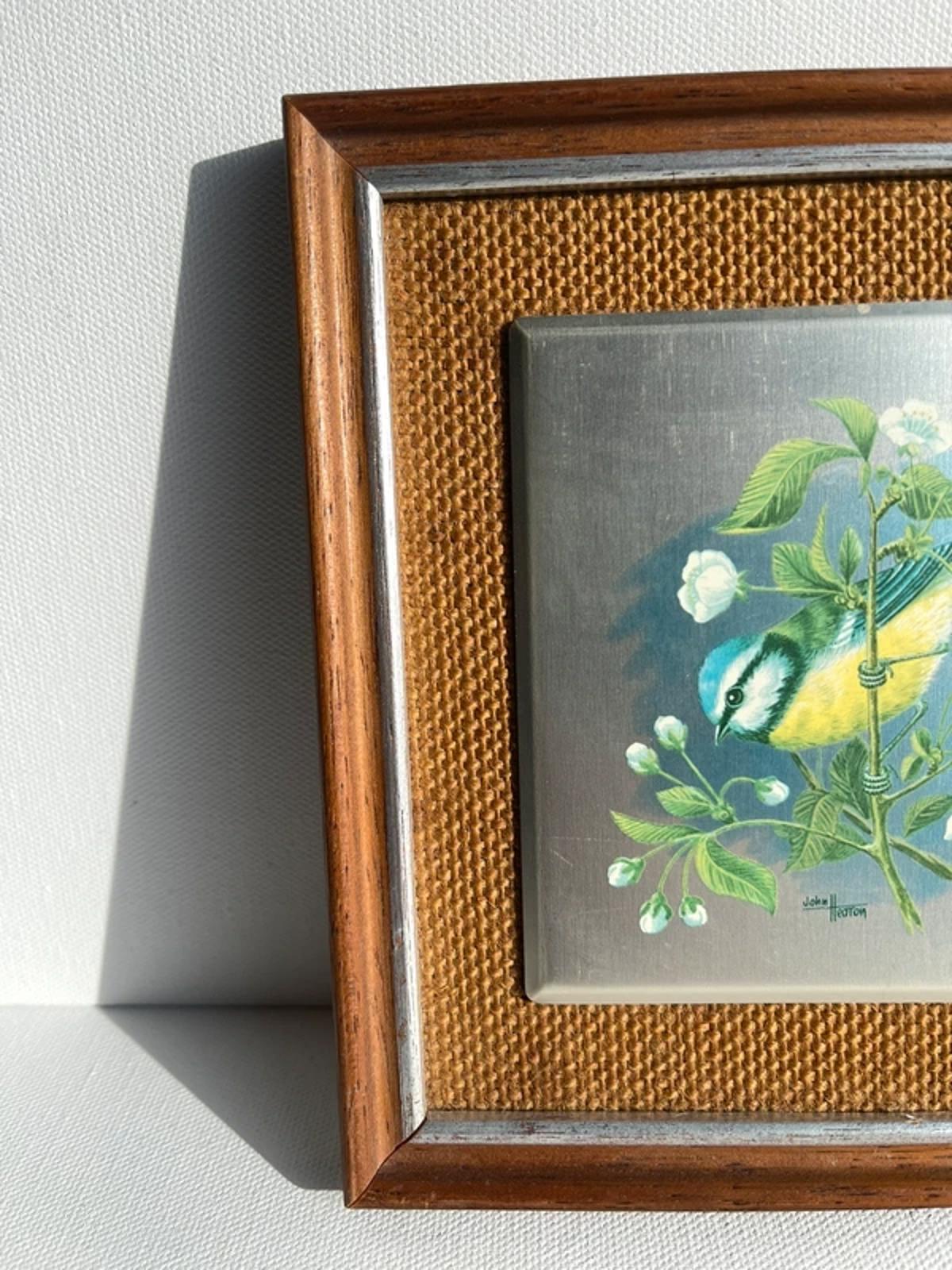 Handpainted vintage aluminium tile of bluetit bird in a frame.