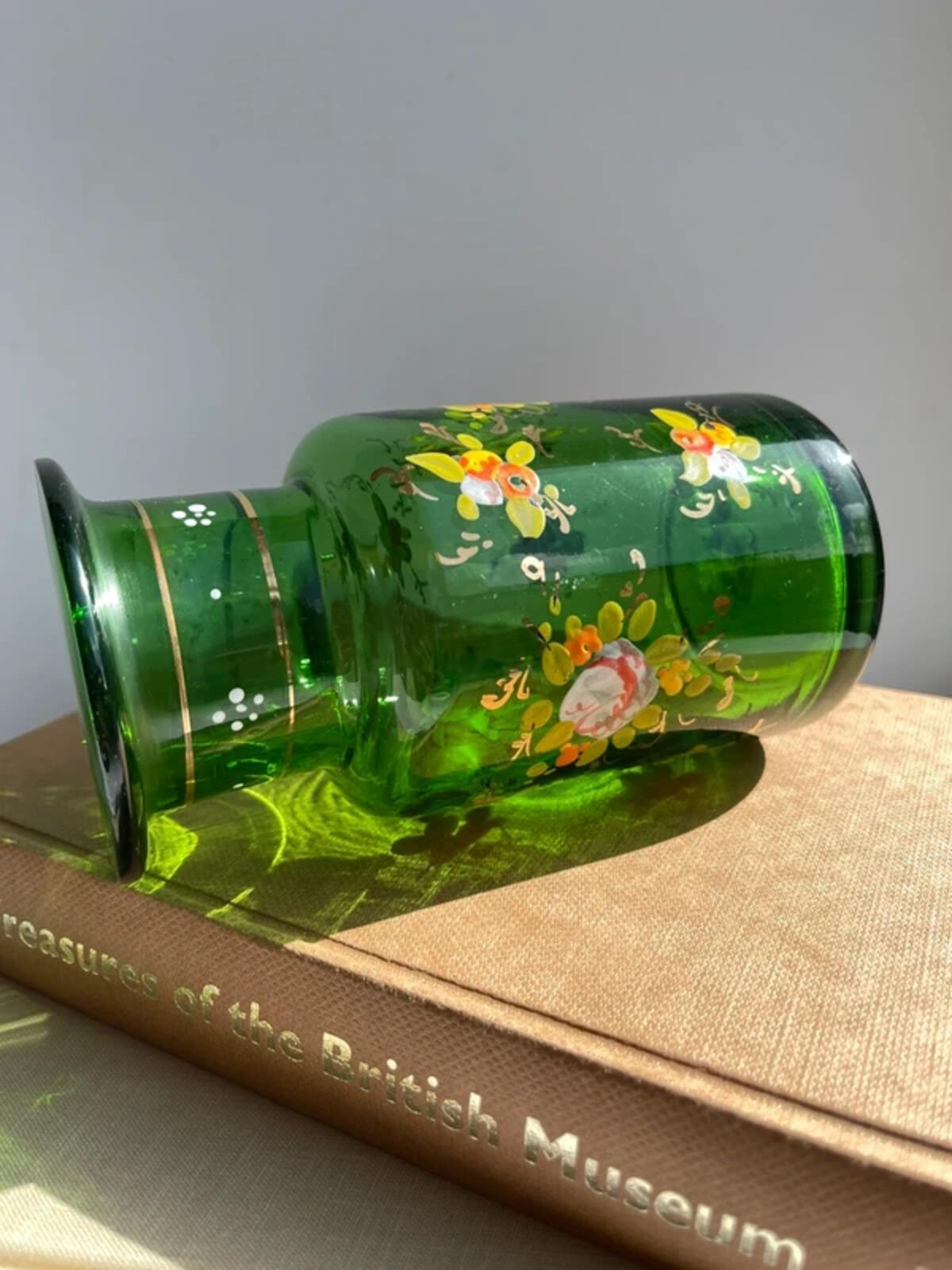 Vintage hand blown green glass hand painted florals