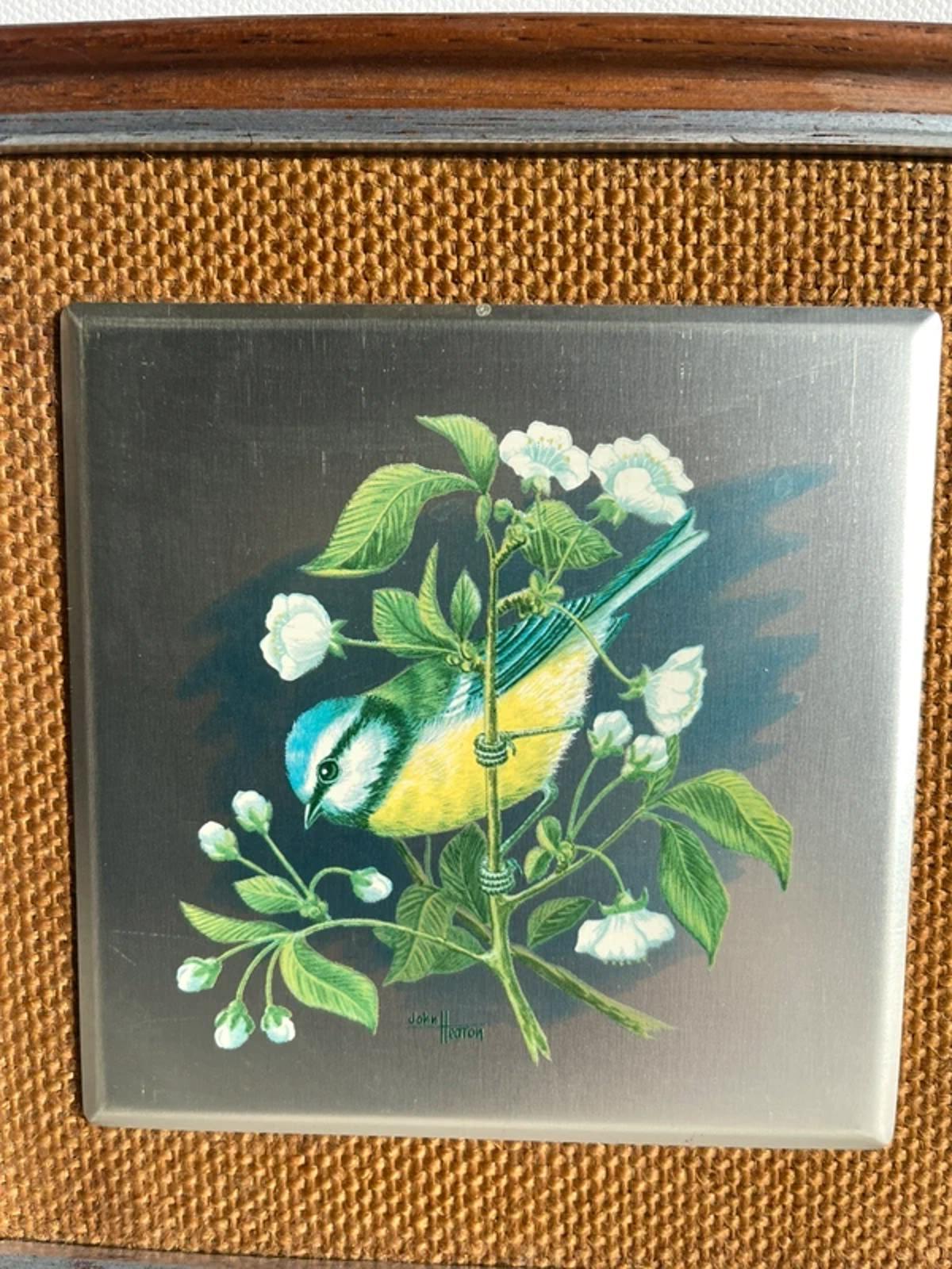 Handpainted vintage aluminium tile of bluetit bird in a frame.