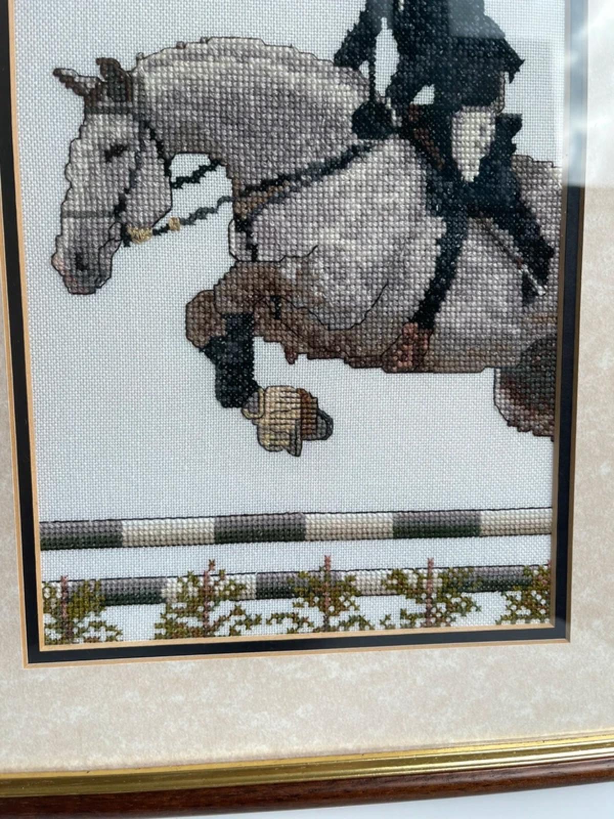 Vintage 1990s cross stitch equestrian design horse jumping wall art