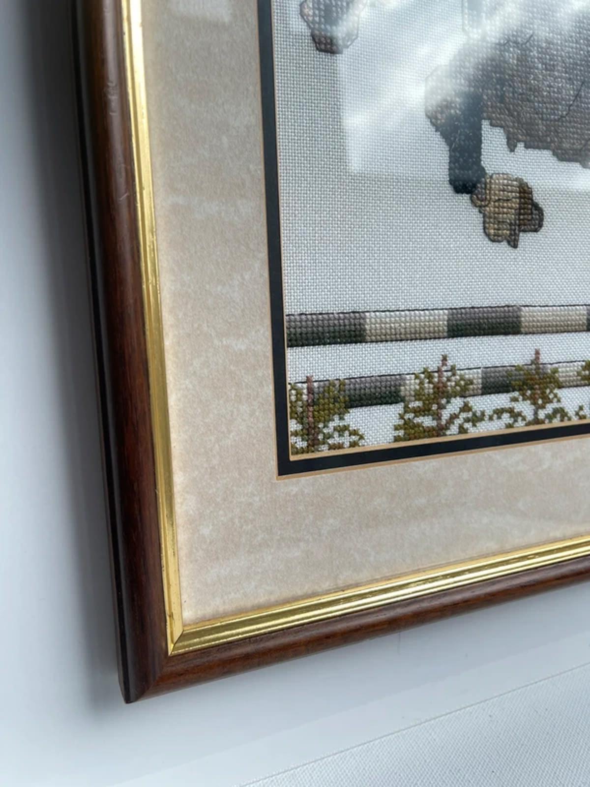 Vintage 1990s cross stitch equestrian design horse jumping wall art