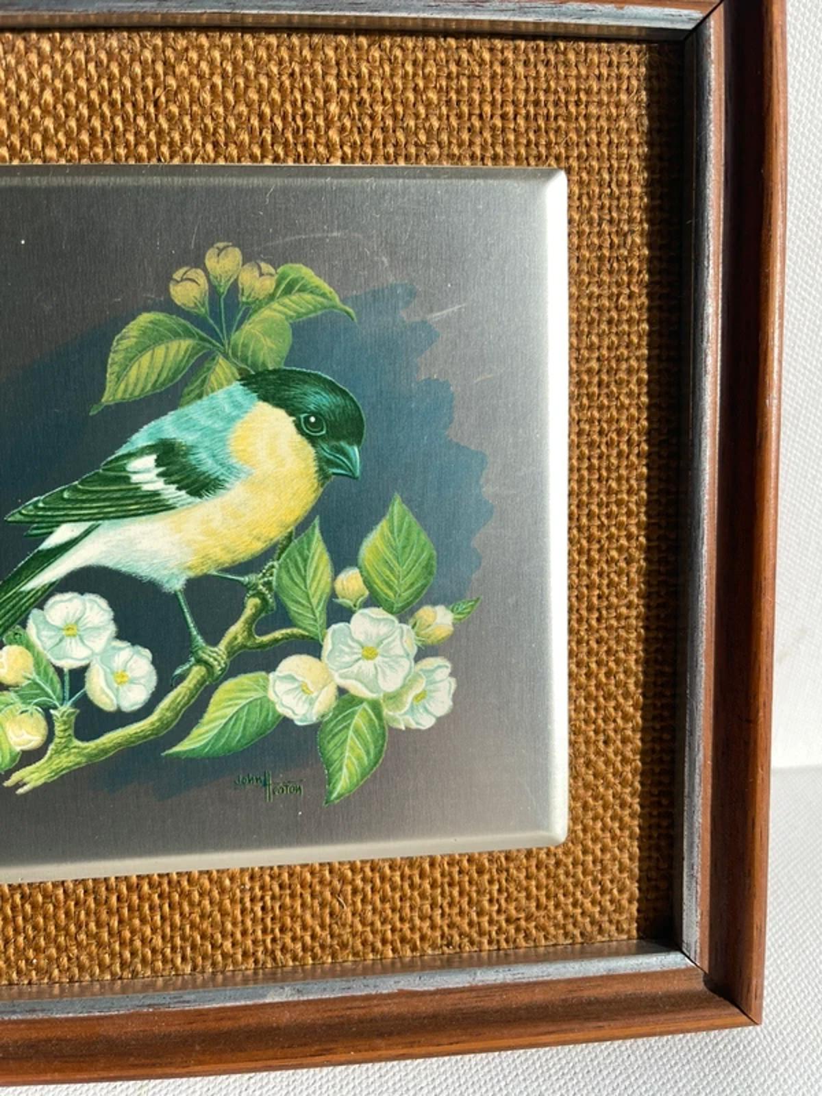 Vintage aluminium tiled handpainted bird in frame