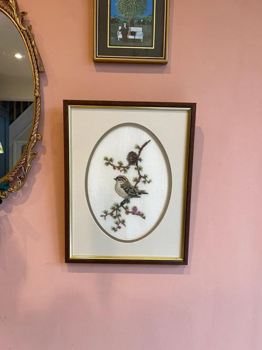 Large vintage framed cross stitch sparrow on branch cottagecore wall decor