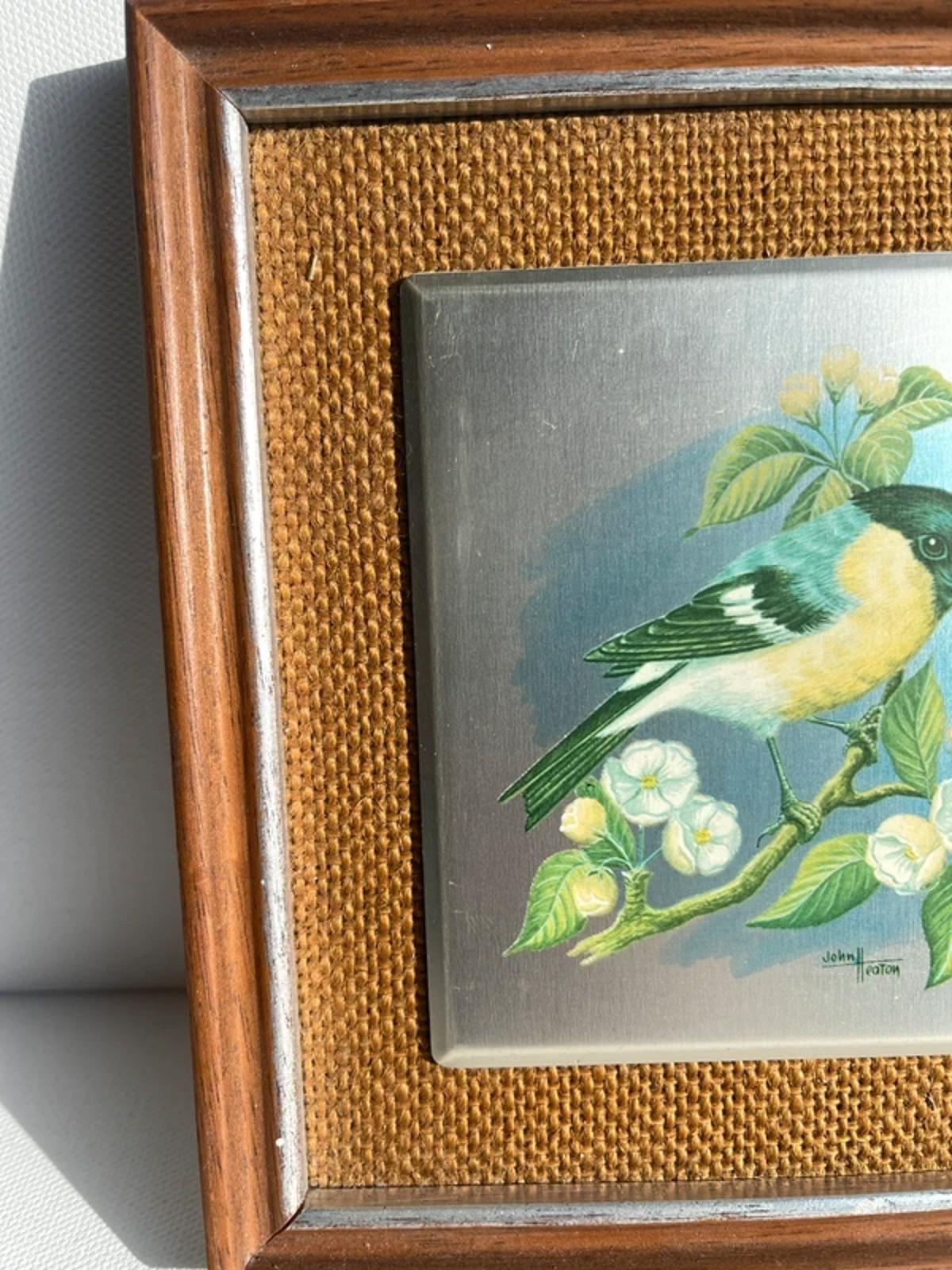 Vintage aluminium tiled handpainted bird in frame
