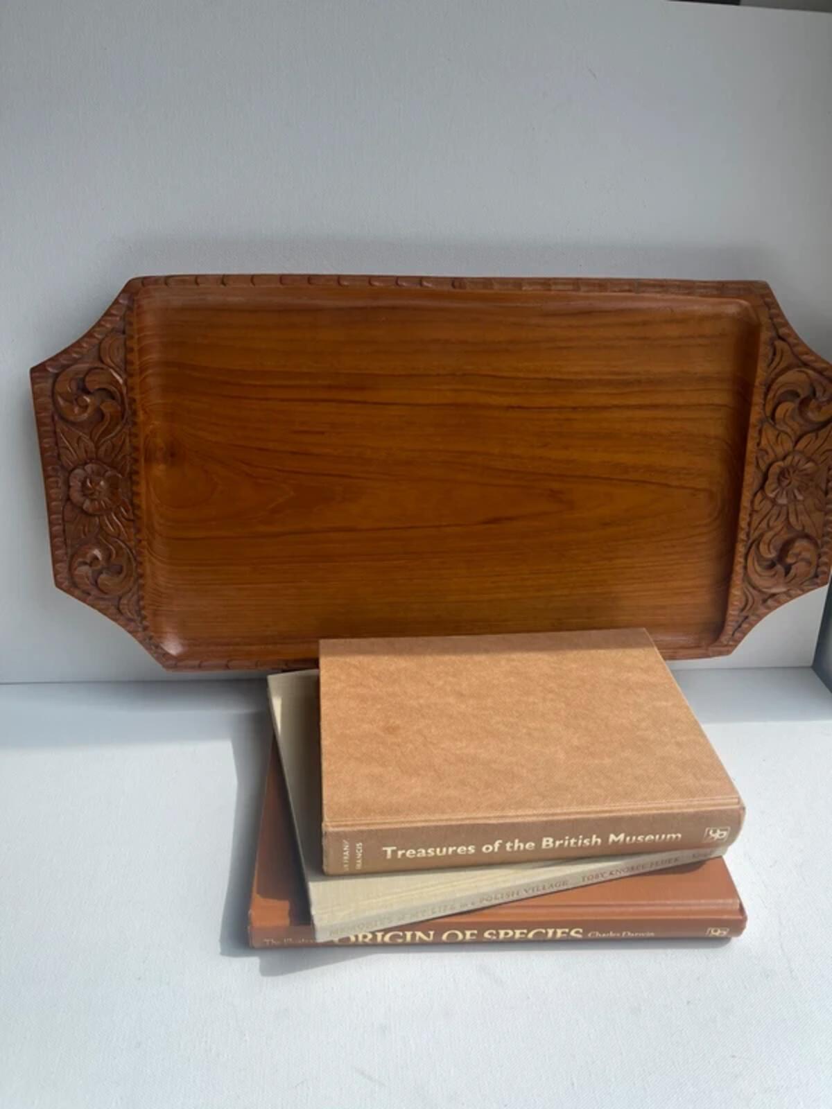 Teakwood tray – large carved serving tray in rectangular shape – vintage