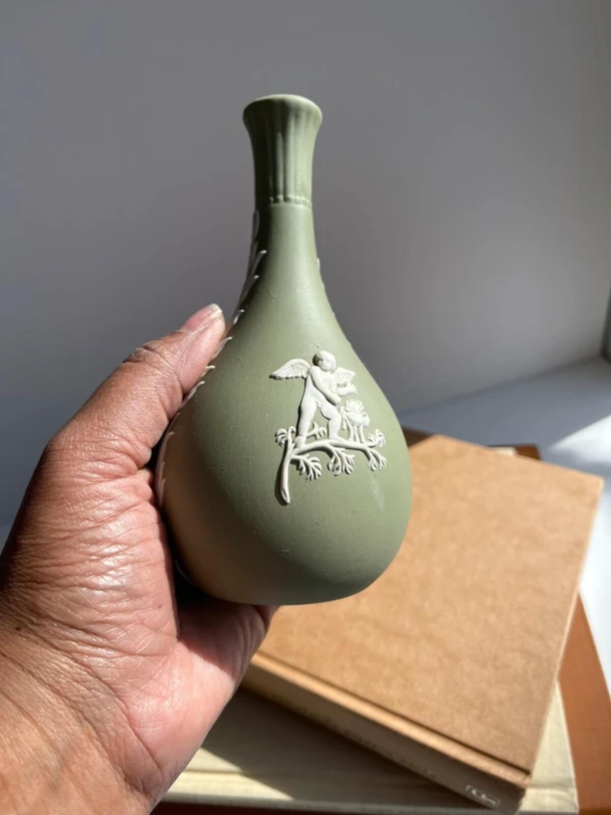 Vintage Wedgwood sage green Cherubs Cylinder Vase