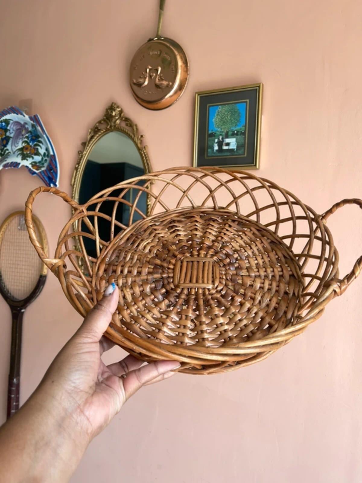 Vintage round woven wicker bread basket