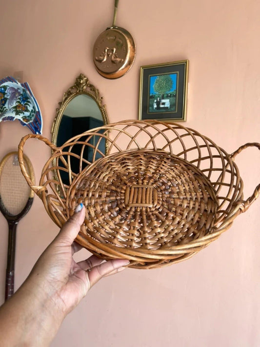 Vintage round woven wicker bread basket