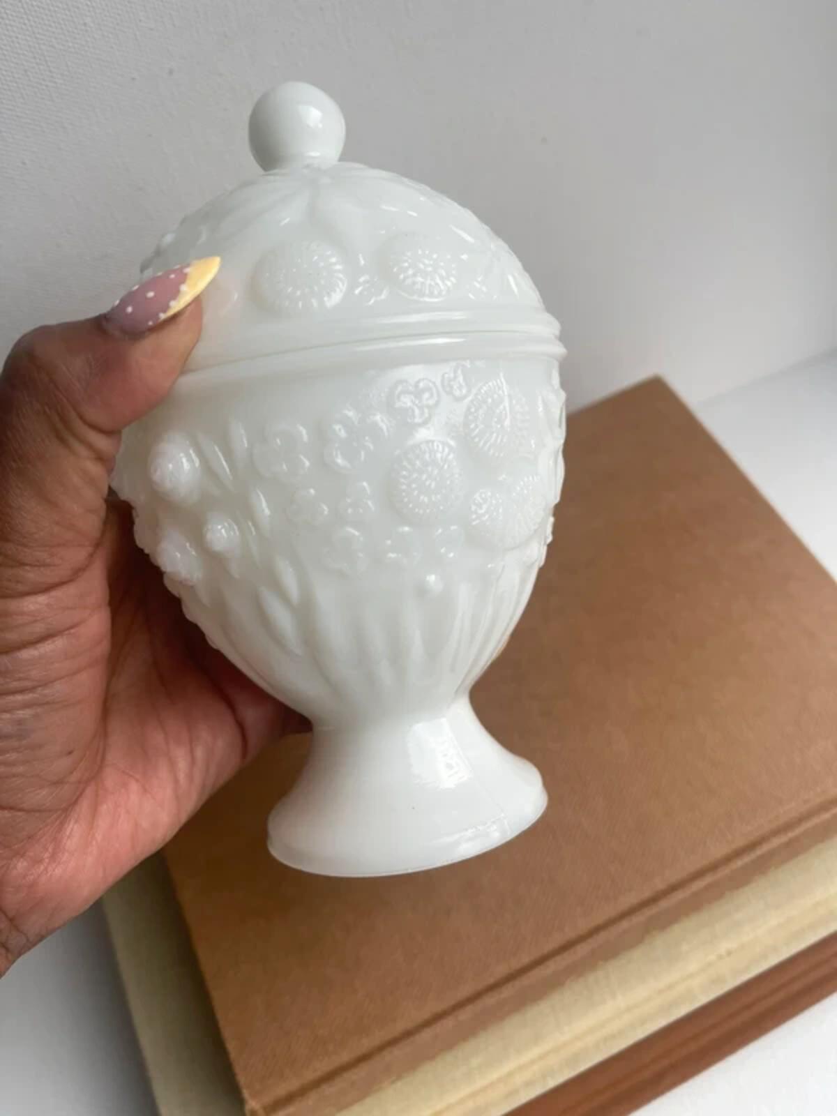 Vintage Avon Milk Glass Trinket Holder, Lidded Embossed Floral jar, White Glass Candy jar