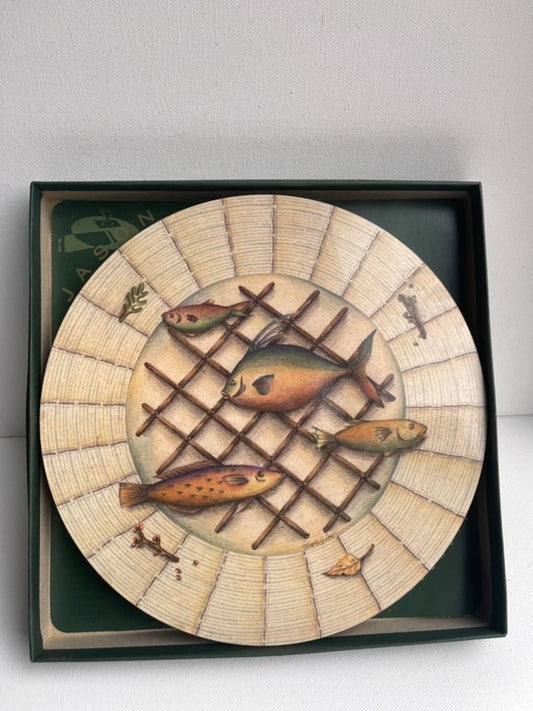 Set of 5 vintage illustrated fish placemats with blue lattice border, coastal dining table decor, nautical kitchen accessories, cottagecore table setting, retro entertaining and collectible vintage homeware.