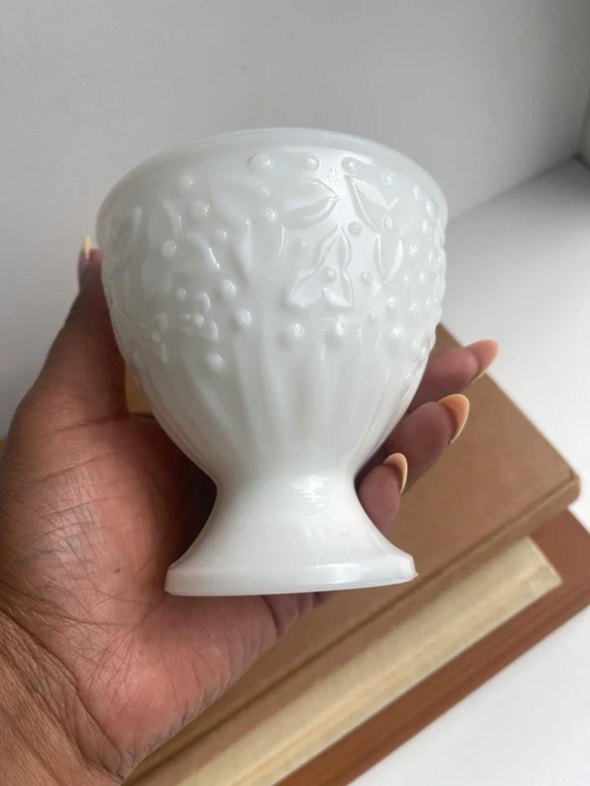 Vintage Avon Milk Glass Trinket Holder, Lidded Embossed Floral jar, White Glass Candy jar