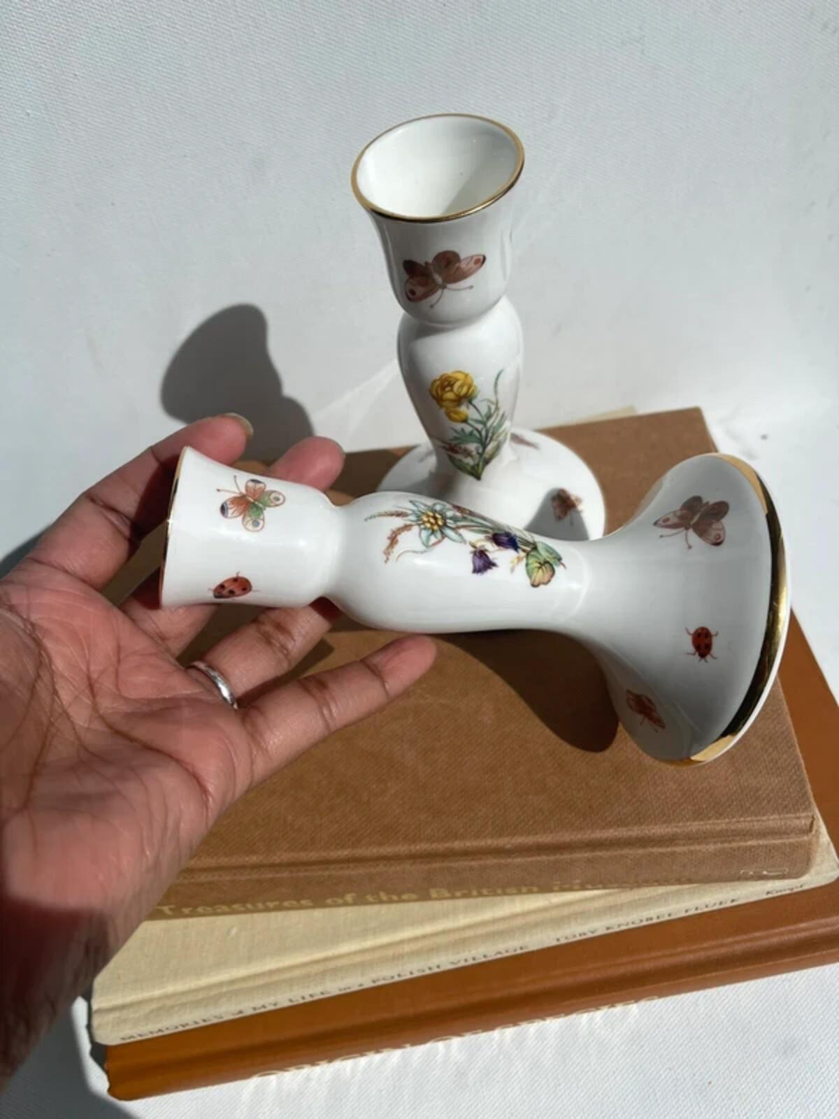 John Jenkins Fine Bone China Candle Holders - Floral Butterfly Design Gold Trim